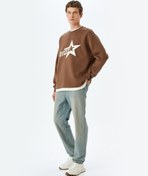 Resim Bisiklet Yaka Pamuk Karışımlı Şardonlu Slogan Baskılı Oversize Sweatshirt 