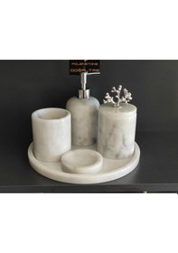 Resim Beyaz Gri Damarlı Mermer Mercan Gümüş Rengi Aksesuarlı 5'li Banyo Seti Beyaz 