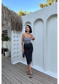Resim Gri Büzgülü Straplez Tül Elbise Gri 
