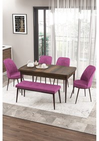 Resim Canisa Zen Serisi 80x132 Mdf Açılabilir Barok Ahşap Desen Masa Takımı 4 Mor Sandalye Ve 1 Bench Masa Barok Sandalye Ve Bench Mor 