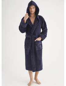 Resim Yaka Jakarlı %100 Cotton Erkek Bornozu Lacivert 