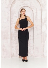 Resim Darlin Moda Kadın Siyah Gül Detaylı Bodycon Askılı Midi Elbise Dm1053 Siyah 