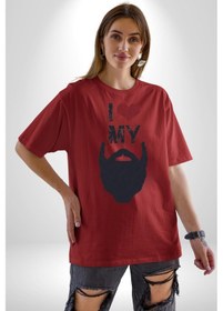 Resim Sakalımı Seviyorum Berber Pamuklu Bisiklet Yaka Unisex Oversize Boyfriend Dijital Baskılı Kırmızı T-shirt Kırmızı 