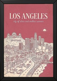Resim Los Angeles Line Art Print - Pink Hollywood Sign Downtown Skyline Wall Art - Wooden Frame - White / 24 x 36" (60x90 cm) 