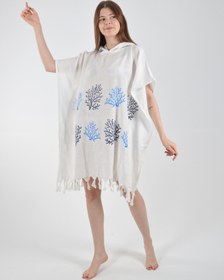 Resim CASPARA Kadın Mavi Mercan Desen Panço I Pamuklu Mavi Viscon Kumaş I Plaj Giyim Pareo Beachwear 