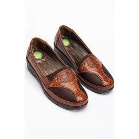 Resim Büyük Numara Hakiki Deri Kadın Günlük Ortopedik Ayakkabı Taba Yan Streçli-3511 Taba 