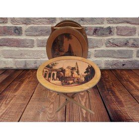 Resim Zigon Sehpa Çanta Çiçek Motif Oval Kayın Torna Ayak Itinalı Paket 