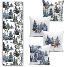 Resim Kış Temalı Çam Ağacı Tasarımlı 4 Kırlent 1 Runner Seti 