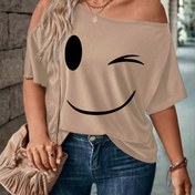 Resim Şık Omuz Açık Neşeli Yüz Baskılı Kısa Kollu Tişört, Polyester Spandex Karışımı, Makinede Yıkanabilir - İlkbahar/Yaz Koleksiyonu 