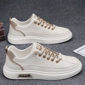 Resim Erkek Nefes Alabilen Bağcıklı Kaykay Ayakkabıları - Dayanıklı Beyaz Sneakerlar ile Kahverengi Detaylar, Elastik Kayış, Rahat ve Dış Mekan Giyim için Kaymaz PVC Taban, Rahat Sneakerlar|Şık Kaykay Ayakkabıları|Nefes Alabilen Sneakerlar 