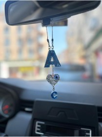 Resim şirinco A Harf Eş Harfli Mavi Simli Gümüş Renk Kalpli Epoksi Dikiz Ayna Süsü Sevgililer Günü Hediyelik 