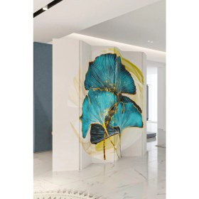 Resim Fupe Shop Doğal Ahşap Turkuaz Çiçek Tek Taraf Baskılı 6 Kanat Paravan Seperatör Oda Bölme 