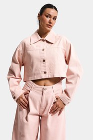 Resim Kadın Pudra Renk 6s6-20 Crop Fit Çiçek Nakış Desenli Özel Tasarım Denim Ceket - Pudra / L 