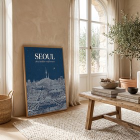Resim Seoul Line Art Print - Navy N Seoul Tower Gyeongbokgung Palace Skyline Wall Art - With Hanger - Wood / 20 x 28" (50x70 cm) 
