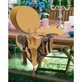 Resim Etnik Afrikan Kadın Desenli Üçgen Püsküllü Runner 1 Adet ve 6 Adet Hardal Renkli Supla 