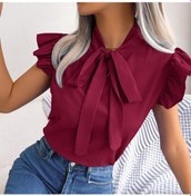Resim Kadın İlkbahar Yaz Mizaç Banliyö Ahşap Kulak Dantel Up Papyon Şifon Gömlek Tops Bordo 
