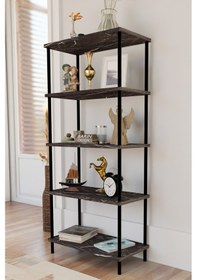 Resim 5 Raflı Modern Metal Gövdeli Kitaplık Çevir-tak Kolay Kurulum Çalışma Odası, Salon, Ofis Kullanımı Siyah Mermer 