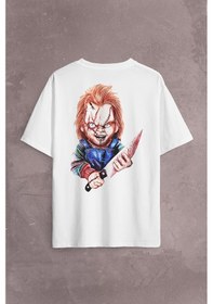 Resim Chucky Charles Lee Ray Oyuncak Bebek Bıçak Sırt Ön Baskılı Oversize Tişört Unisex T-shirt 001 