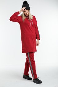 Resim CNG MODA Kadın Tesettür Bordo Kapüşonlu Kol Şeritli Eşofman Takımı 