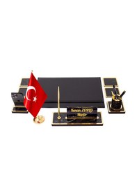 Resim Star Bayraklı Mermer Desenli Ahşap Sümen Takımı Deri Sümen Seti Masa İsimliği 