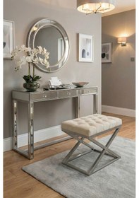 Resim Nexus Babyface Kapitoneli Puf - Krom Metal X Ayaklı Modern Bench 50x40 Cm Bej 