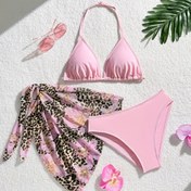 Resim Pembe Leopar Çiçek Desenli Gençlik Mayo Seti - V-Yaka, Yüksek Esneklikli Örgü Kumaş, 3 Parça Bandeau Üst ve Alt, Gençler Tatil Stili için Canlı Pembe ve Leopar Desenli Tasarım 
