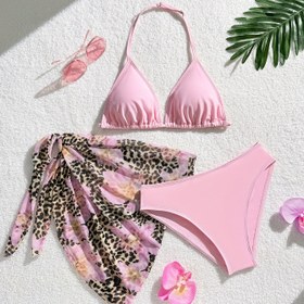 Resim Pembe Leopar Çiçek Desenli Gençlik Mayo Seti - V-Yaka, Yüksek Esneklikli Örgü Kumaş, 3 Parça Bandeau Üst ve Alt, Gençler Tatil Stili için Canlı Pembe ve Leopar Desenli Tasarım 