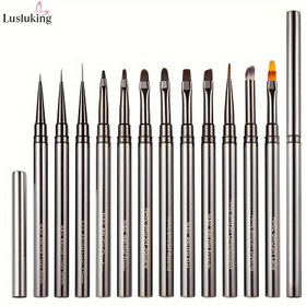 Resim 12 adet Profesyonel Tırnak Liner Fırça Alüminyum Tüp ile - 3D Tipler için Hassas Manikür ve Pedikür, Jel Cilası, Tırnak Sanatı Tasarımları - Salon ve Ev Kullanımı - Dayanıklı Tırnak Çizim Araçları Çizgiler, Şeritler, Desenler için - Başlangıç ve Uzmanlar için İdeal, Tırnak Aksesuarları, Pedikür Ekipmanları, Şık Metalik Bitiş, Naylon Kıllar, Manikür Temelleri, Pürüzsüz Uygulama, Güzellik Tutkunları, Tırnak Ürünleri ve Ekipmanları, Tırnak Fırçaları, Tırnak Noktaları 