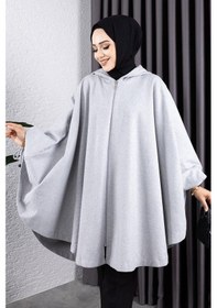 Resim Time Style Kapüşonlu Tesettür Panço Açık Gri 