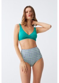 Resim Akbeniz Kadın Yeşil Pedli Geometrik Desenli Yüksek Bel Bikini Takımı 