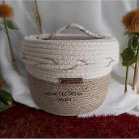 Resim Kapaklı Hasır Sepet Düzenleyici Dekorasyon Organizer Saklama Kutusu - 19X14 Cm Kahve&Ekru (S) 