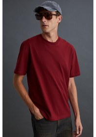 Resim Grimelange Solo Erkek %100 Organik Pamuklu Kalın Dokulu Comfort Fit Bisiklet Yakalı Bordo T-shirt 