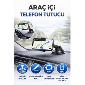 Resim Araç İçi Telefon Tutucu Güçlü Vakumlu Ön Cam & Torpido Uyumlu Ayarlanabilir Navigasyon Tutacağı Siyah 