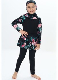 Resim My Kids Wear Üç Parça Kız Çocuk Haşema, Tesettür, Etekli, Kapalı Mayo Mercan - Pembe 