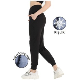 Resim Kadın Siyah Yüksek Bel Jogger Eşofman Altı Polarlı Kışlık Cepli Joggers 1062 Siyah 