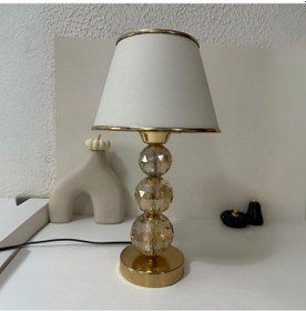 Resim Mooncher Cam Gövdeli Gold Metal Abajur Altın Şeritli Krem Kumaş Başlık Gece Lambası Krem - Gold 