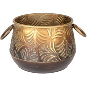 Resim Euroflora HDYEN03844 Kabartma Yaprak Desenli Kulplu Metal Saksı Altın Eskitme 27x18,5cm 