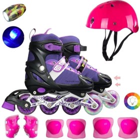 Resim OyuncakZade Mor Işıklı Teker Ayarlanabilir Çocuk Alıştırma Paten 2 Fonksiyon Led El Feneri Kask Dizlik Full Set 