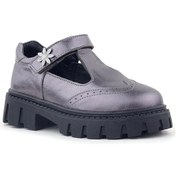 Resim Rakerplus Hakiki Deri Platin Çiçek Detaylı Cırtlı Kız Çocuk Okul Ayakkabı Platin 