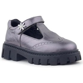 Resim Rakerplus Hakiki Deri Platin Çiçek Detaylı Cırtlı Kız Çocuk Okul Ayakkabı Platin 