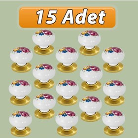 Resim 15 Adet Menekşe Kulp Beyaz Polimer Düğme Kulp Altın Tablalı Mobilya Mutfak Dolabı Çekmece Kulbu Kulpları Beyaz 
