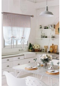 Resim Naturel Potlu Ekose Tül Perde Retro Kahve Rengi 