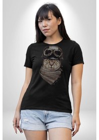Resim Kasket Bandana Motorcu Kedi Unisex Unisex Siyah Organik Baskılı T-shirt Penye Yüksek Kalite Siyah 