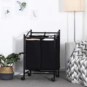 Resim Metra Shop Çamaşır Ayırıcı, Tekerlekli ve 2 Bölmeli, Çamaşır Sepeti, Çıkarılabilir Çantalı Çamaşır Arabası, Toplam Kapasite 90 L, Siyah, LSF002BK 