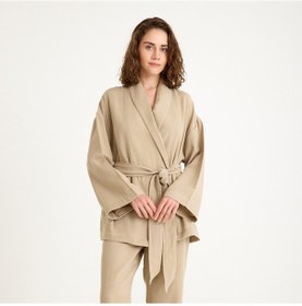 Resim Miespiga %100 Pamuklu Dokuma Şal Yaka Müslin Kimono-pantolon Alt Üst Takım Bej 