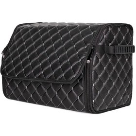 Resim Oto Bagaj Organizeri Kapitone Deri Çanta Beyaz Dikişli Siyah 1 Adet 