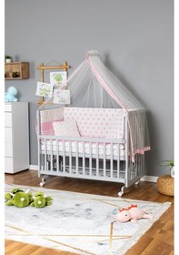 Resim Ahşap Beşik Anne Yanı Beşik Gri 60x120 - Pembe Yıldız 1 Yastıklı Uyku Seti + Yataklı + Tekerlekli Gri 