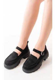 Resim Siyah Süet Kadın Günlük Yüksek Tabanlı Loafer Ayakkabı Siyah 