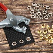 Resim Altın renginde 100 metal halka ve yıkayıcı ile 1/4 inç 6mm halka takımı içeren 101 adet Grommet aracı kiti, kumaş deri delik halkaları ve halka delme pense, DIY branda delik perçin pres pense, taşınabilir halka takımı el presi kiti deri/kemer/kumaşlar için 