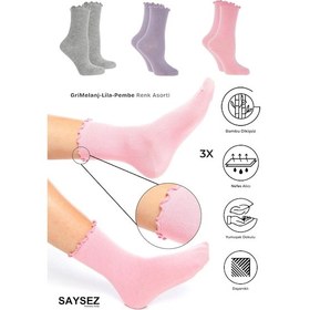 Resim Saysez Bambu Kadın Lastiksiz Pembe-lila-gri Fırfırlı Soket Dikişsiz Çorap 3'lü Paket / Iz Bırakmaz Sıkmaz Renkli 